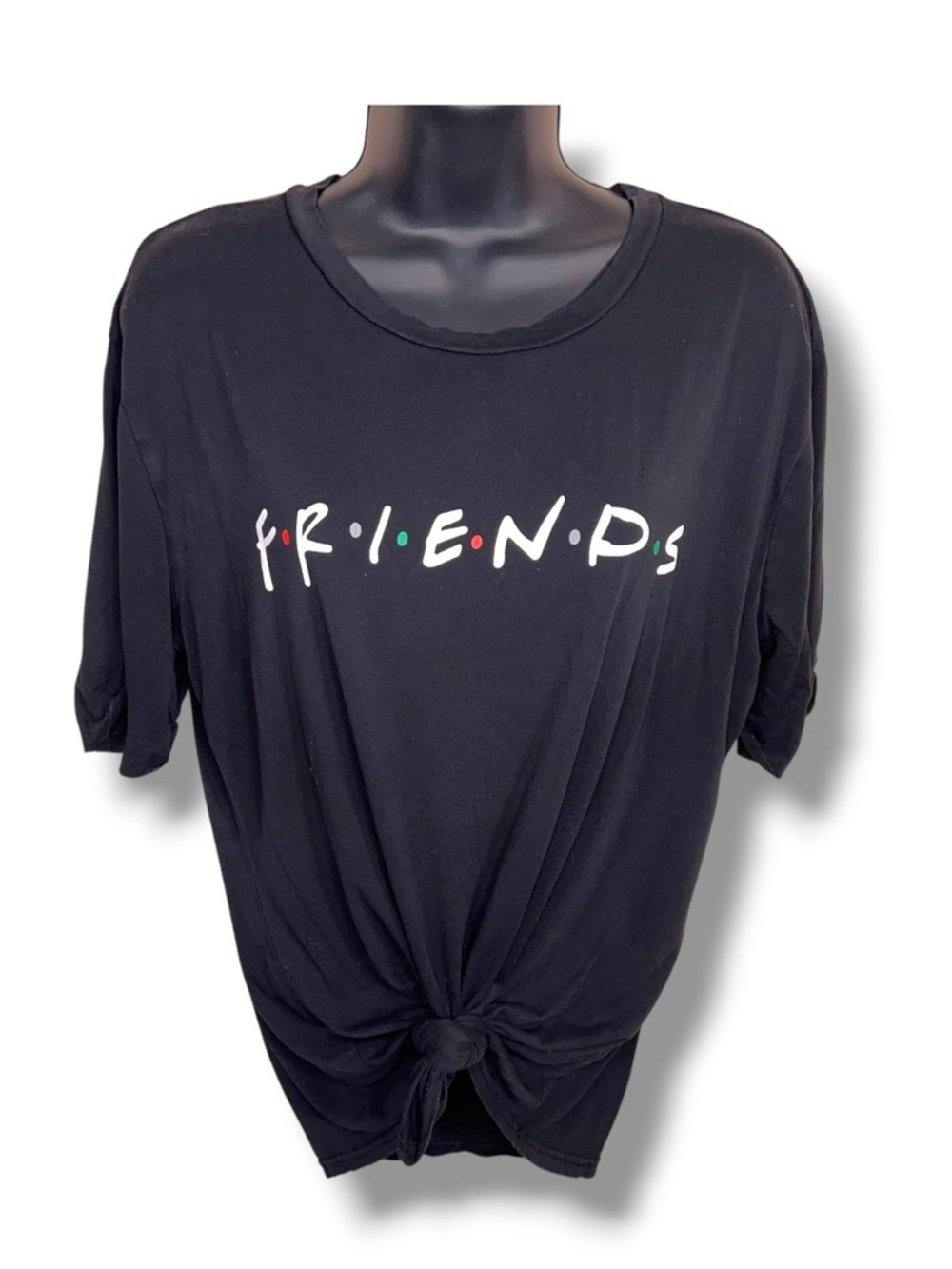 Medium Friends Logo Black Graphic Tee Women’s Lightweight Twist Knot Accent